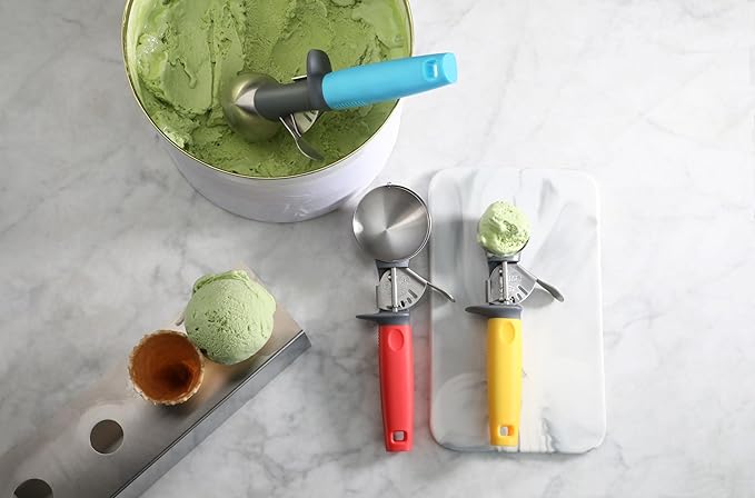 New New Star Foodservice Commercial-Grade Thumb Press Food Disher/Ice Cream Scoop, 3-Pack, #8 Red + #16 Blue + #30 Yellow, 18-8 Stainless Steel, NSF Certified