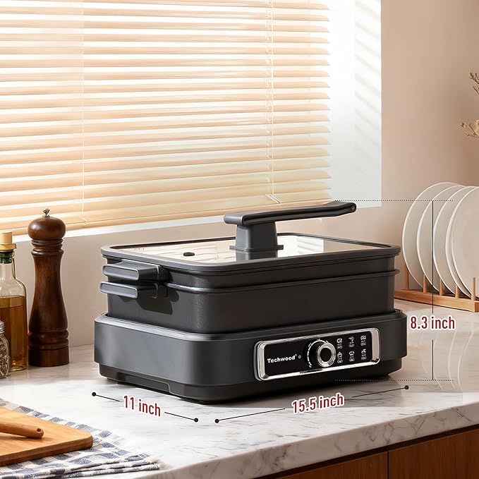 Slow Cooker, Techwood 1500W Electric Skillet 7.5-Quart Extra-large Capacity Multi-Cooker with 5-Level Heat Settings, Come with Non-stick Skillet Pan & Cooking Pot, Dishwasher Safe, Black