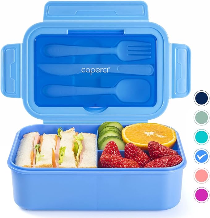 Caperci Classic Bento Lunch Box for Adult & Older Kids - Leakpoof 47 oz 3-Compartment Lunch Containers for Adults and Teens, Built-in Utensil Set, Ideal for On-the-Go, Blue