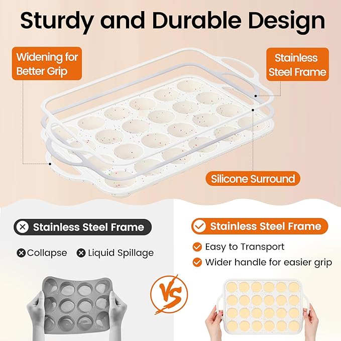 Silicone Muffin Pans With Metal Reinforced Frame - 24 Cups Durable Silicone Baking Pan for Muffins, Cupcakes, BPA Free and Dishwasher Safe - Beige with Rainbow Spots, Set of 2