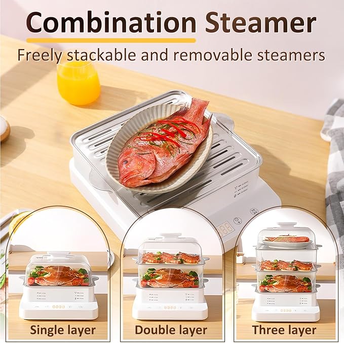 22L/23QT Electric Food Steamer, 3 Layers Food Steamer, 800W Commercial Stainless Steel Steamer, Large Capacity Breakfast Machine with Timer, for Home, Restaurant, Party