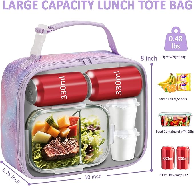 Lunch Box Kids Insulated Lunch Bag for Boys Girls Cute Reusable Lunch Tote Bag Waterproof Portable Thermal Lunch Box Kids for School Picnic Travel Light Purple Starry Sky