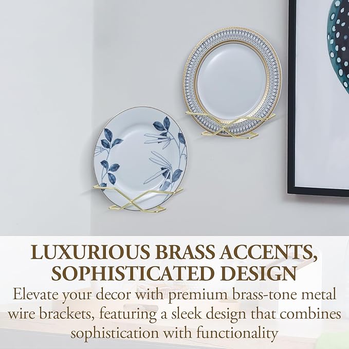 MyGift Deluxe Wall Mounted Brass Tone Metal Wire Vertical Hanging Plate Holder Rack, Decorative Modern Minimalist Hangers for 10 Inch Collectible Plates, Set of 2