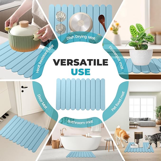 Extral Large Quick Dry Stone Drying Mat for Kitchen Counter,24"(L)x16"(W) Collapsible Eco-Friendly Absorbent Diatomaceous Earth Mat for Dishes Cups,Dish Drying Mats (Blue-Ellipse, 24x16 inch)