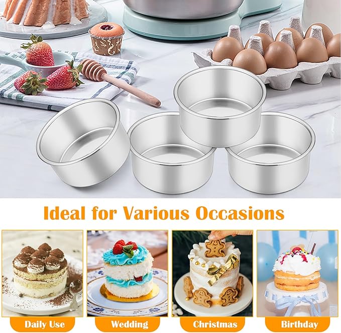 P&P CHEF Cake Pan Set of 4, Stainless Steel Baking Round Cake Pans Tins Bakeware for Birthday Wedding, Leak-proof & Easy Clean, Mirror Finish & Easy Releasing, 4 Inch