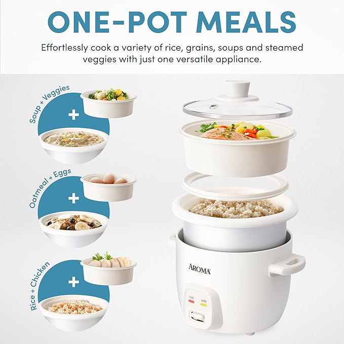 AROMA® CoreCoat Rice Cooker with Pop-Up Food Steaming Basket (4 Cups Cooked, 2 Cups Uncooked, 1 Qt)