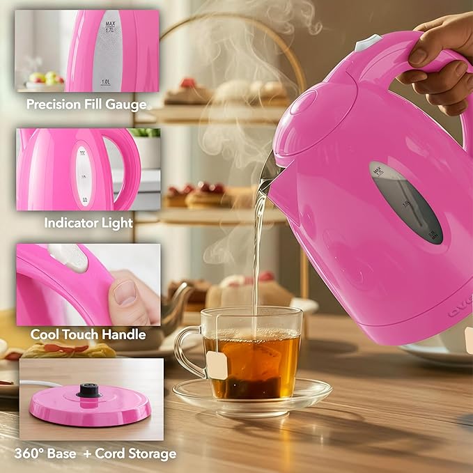 OVENTE Electric Kettle, 1.7L Fast Boiling Water Heater for Coffee or Tea, BPA Free with Water Level Gauge, Auto Shut-Off, Boil-Dry Protection, Indicator Light and Removable Filter, Pink KP72P