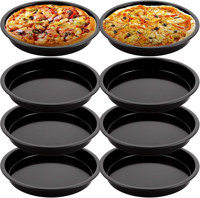 AKOLAFE 8 Pack Deep Dish Pizza Pan Personal Pizza Pan for Oven Round Pizza Plates Set Small Pizza Baking Sheet Non Stick Carbon Steel Pizza Platter Metal Pizza Trays for Serving Cooking Grilling 7Inch