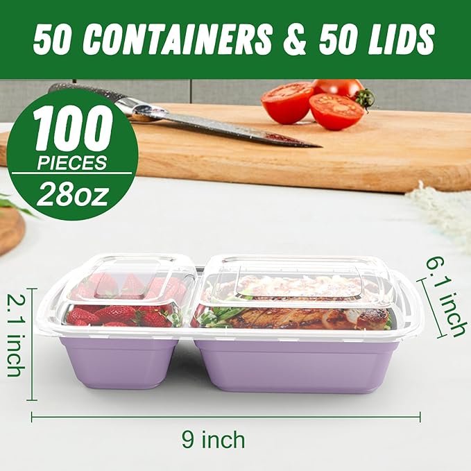 Dealusy 50 Pack (100-Piece) 28 oz Meal Prep Containers Reusable with Lids 2-Compartment, Sturdy Leakproof Food Safe, Microwave Freezer Dishwasher Safe, To Go Take Out Plastic Food Storage, Lilac
