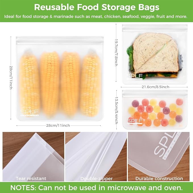 SPLF 10 Pack Dishwasher Safe Reusable Snack Bags, BPA Free Reusable Food Storage Freezer Bags Leakproof Silicone and Plastic Free Lunch Bags Fridge Home Organization
