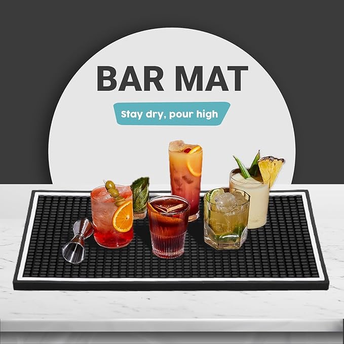 Bar Mat 4-Pack, 18 x 12 Rubber Coffee Bar Mats for Countertop, Bartending, Home Use, Spill Protection and Coffee Stations, Ideal Matt for Cocktail, Whiskey and Espresso