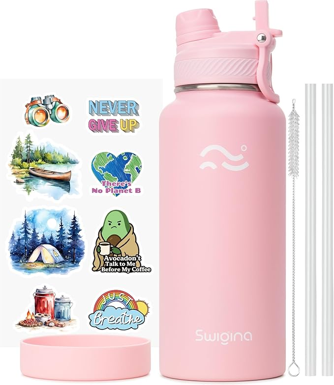 Swigina [2-IN-1 LID] Insulated Water Bottle with Silicone Boot (36hrs Cold/18hrs Hot) - DIY Stickers, Leakproof, BPA Free, 32 oz
