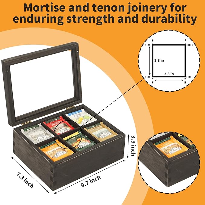 LI.TOPWP Black Wood Tea Bag Organizer, 6 Compartment Multi-Functional Tea Box and Storage Organizer,Tea Storage Chest with Acrylic Lid