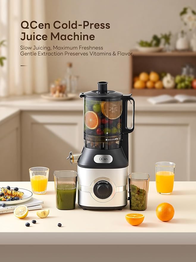 QCen Cold Press Juicer, 5.5” Wide Feed Chute Slow Masticating Juicer Machine for Whole Fruits and Vegetables, Easy to Clean (Silver)