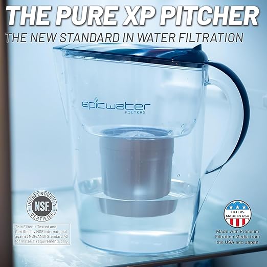 Epic Water Filters Pure Filter Pitchers for Drinking Water, 10 Cup 150 Gallon Filter, Tritan BPA Free, Reduces Fluoride, Chlorine, Lead, Forever Chemicals (Navy Blue XP)