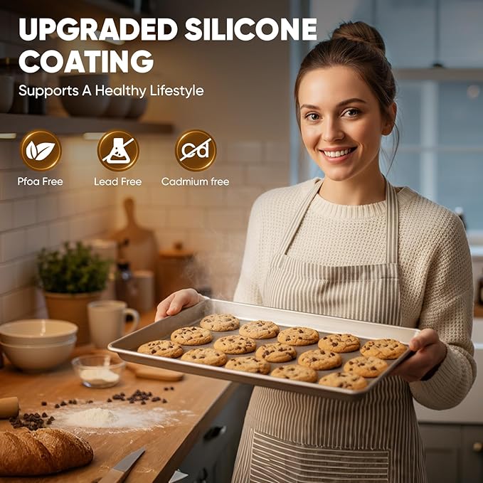 Sakerplus Nonstick Baking Sheet Pan Set of 3, Heavy Duty Cookie Sheets for Oven with Stripe Texture Pattern, 0.6mm Thick Quarter/Half/Jelly Roll Pans, Rust-Resistant & Easy Clean (Champagne Gold)