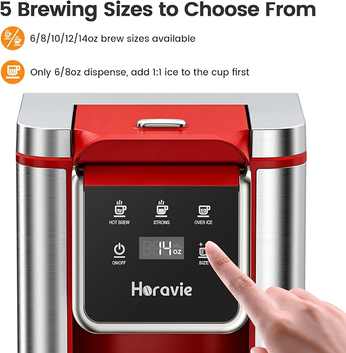 Horavie Single Serve Coffee Maker for K-Cup Pod and Grounds, Hot & Iced Coffee Maker, Strong Button Feature, 6 to 14oz Brew Sizes, 50oz Removable Reservoir, Fit 6.5" Mugs, Stainless Steel, Red