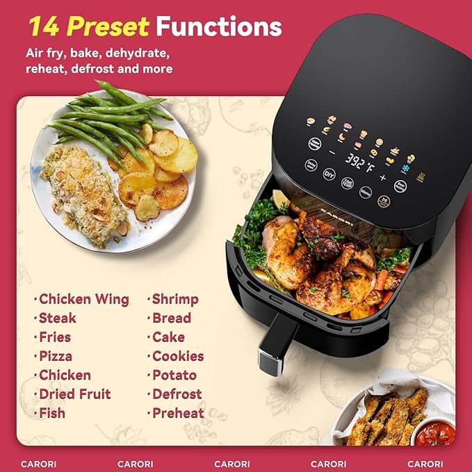 CARORI 6QT Dual Heat Air Fryer with Viewing Window, 14 Presets for Fry, Roast, Bake & More, 392℉ Max Crisp Without Flipping, 1700W Fast Cooking, Dishwasher Safe Basket