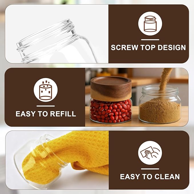 Glass Jar with Wood Lid, 2 Pack 3oz 80ml Small Glass Spice Jars with Airtight Screw Lids, Cute Coffee Containers Clear Glass Canister for Beans, Sugar, Tea, Sauce, Honey, Herb