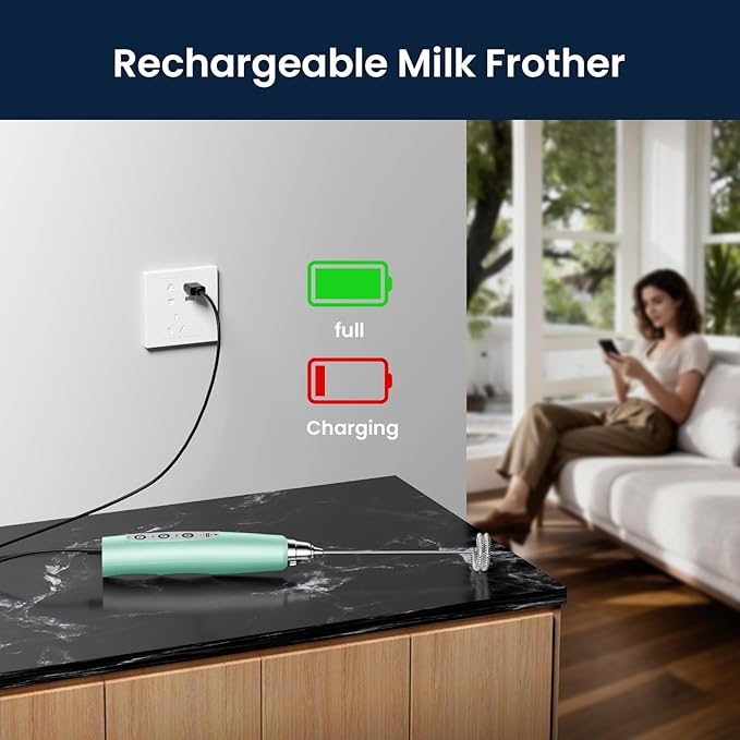 Sakgos Milk Frother Rechargeable Handheld-Electric Whisk 3 Speed Adjustable, Coffee Frother Wand with 3 Stainless Whisks, Electric Foam Maker, Drink Mixer Blender for Latte Cappuccino Matcha Egg