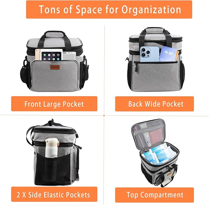 Double Deck Large Lunch Box, Insulated Heavy Duty Lunch Bag Waterproof Leakproof Durable Cooler Bag for Men Women Adults Work Picnic Camping Daytrip,16L,Grey, GLENKEY
