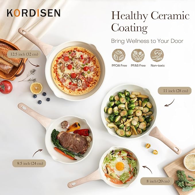 Kordisen Nonstick Ceramic Frying Pan Set, 3 Piece Ceramic Skillet Set, Healthy Non Toxic Cooking Pan, Stay-Cool Handle, Induction Compatible, PFOA & PFAS Free, White(9.5, 11, 12.5 Inch)