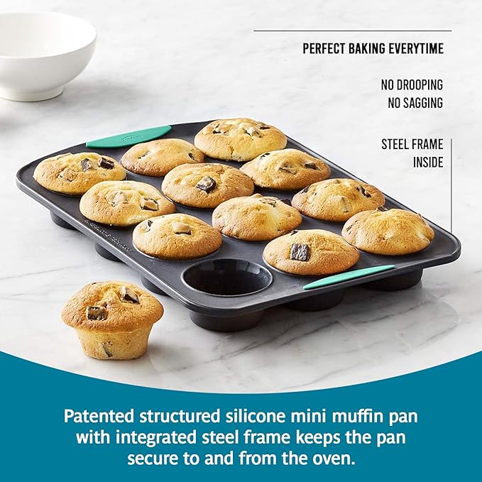 Trudeau Structure Silicone Muffin Pan – 12 Cup, Flexible Silicone with Hard Lining to Hold Shape, Non-Stick, BPA-Free, Dishwasher Safe, Heat Resistant to 428°F – Grey/Mint
