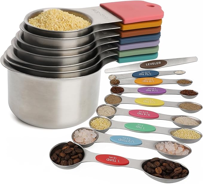 Magnetic Measuring Cups and Spoons Set of 16,Stainless Steel Magnetic Measuring Cups Set 7 and Magnetic Measuring Spoons Set of 8 with Leveler for Dry Liquid Ingredients (16, Colorful)