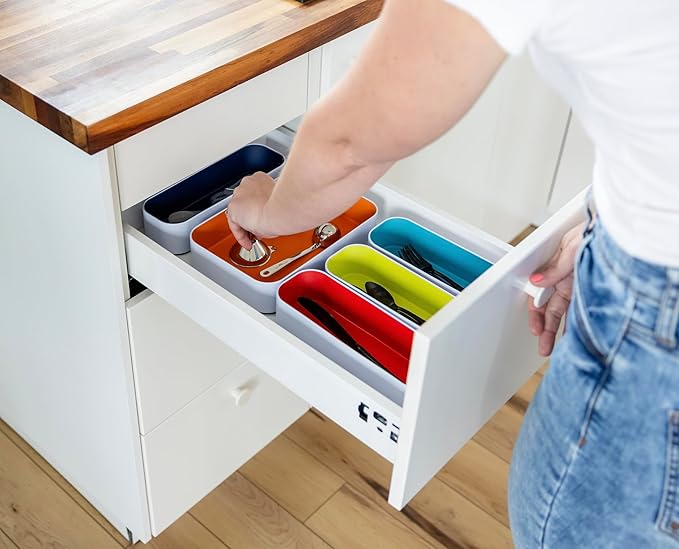 Three by Three Seattle 5-Piece Metal Stacking Drawer Organizers – Large, 2" Deep, Food-Safe – Stylish Kitchen Drawer Storage (Multi Color)