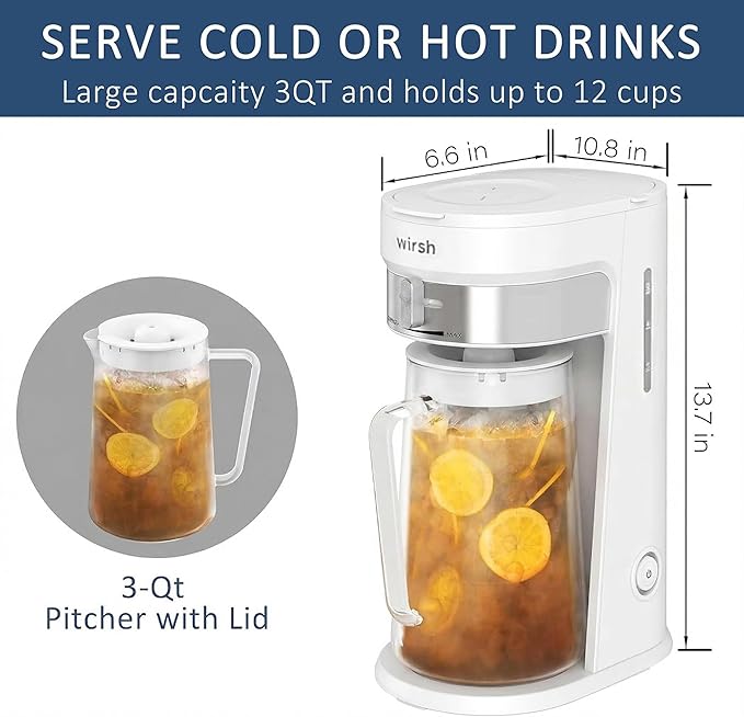 wirsh Iced Tea Maker with 3QT Pitcher, Iced Coffee Maker with Strength Control and Reusable Filter, Perfect For Iced Coffee, Latte, Tea, Lemonade, Flavored Water,White