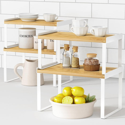 Kitchen Cabinet Organizer Set of 4, Desk Shelf Riser, Stackable Cabinet Pantry Cupboard Organizer, Kitchen Counter top Shelf, Storage Rack for Spices, Plates, Bamboo Wood, White