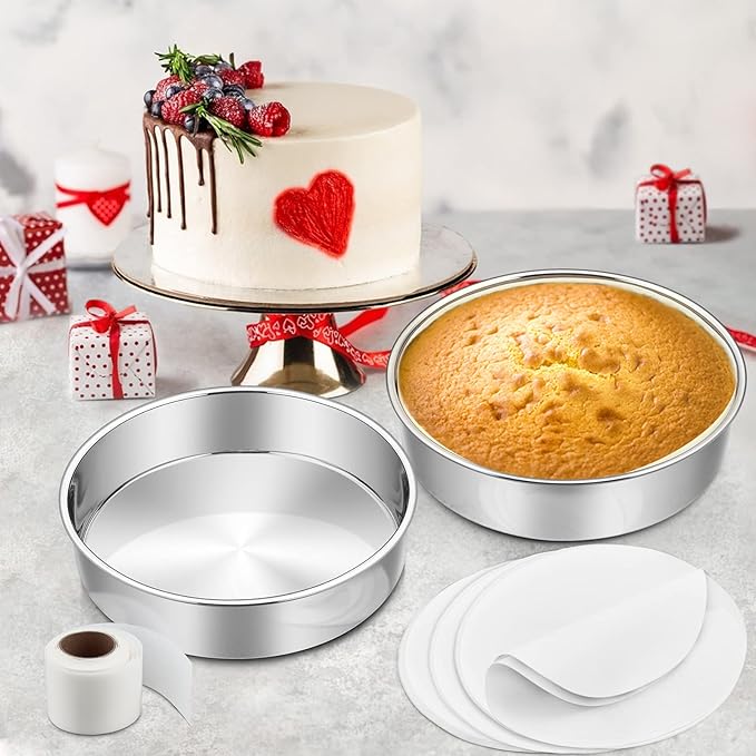 9½ Inch Cake Pan Set of 3, E-Far Stainless Steel Round Layer Cake Baking Pans with Parchment Rounds & Side Liner Roll, Non-Toxic & Healthy Metal Cakes Tin, Straight Side & Dishwasher Safe