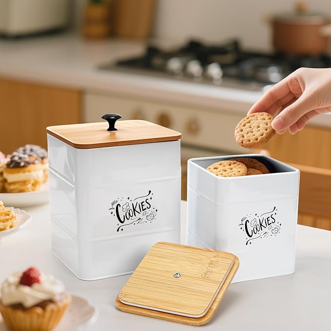 Goaste 2 Sizes Metal Cookie Jars with Lid, 101 & 54 OZ White Candy Cookie Tins, Decorative Food Storage Containers, Vintage Cookie Canister with Wide Opening for Kitchen Counter, Pantry, Gift Giving