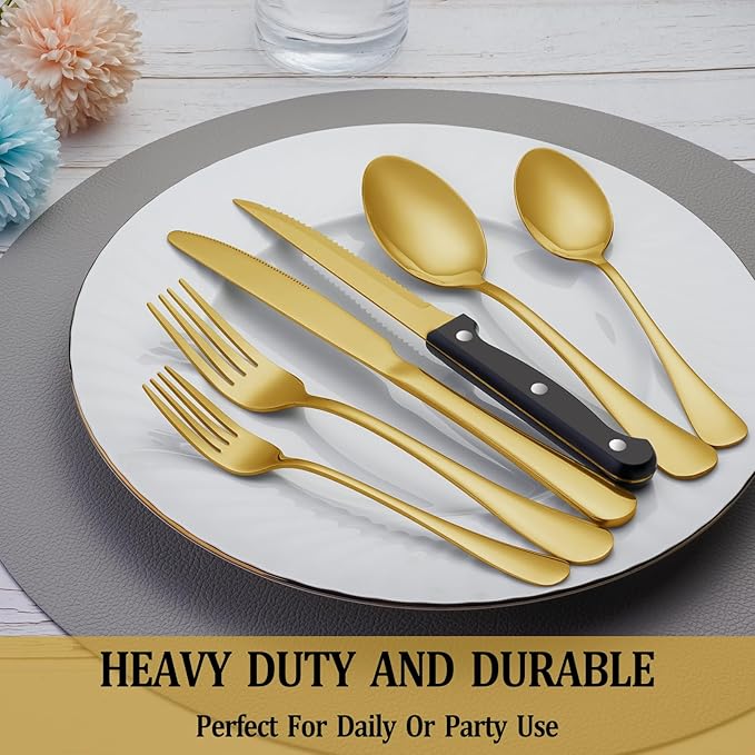 36 Pcs Gold Silverware Set with Steak Knives, Stainless Steel Flatware Cutlery Set Service for 6, Kitchen Tableware Sets, Utensil Sets for Home and Restaurant, Knives Forks Spoon, Dishwasher Safe