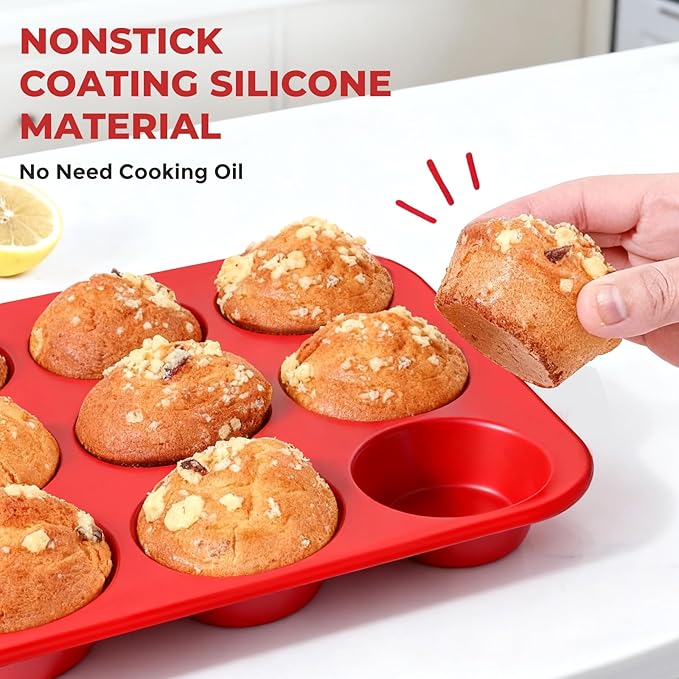 Samuelworld Silicone Muffin Pan for Baking: 24 Cup Muffin Pan with Metal Reinforced Frame, Regular Size Cupcake Egg Bites Molds for Baking, BPA Free Silicone Muffin Tray, 2 Pack, Red (With Scooper)