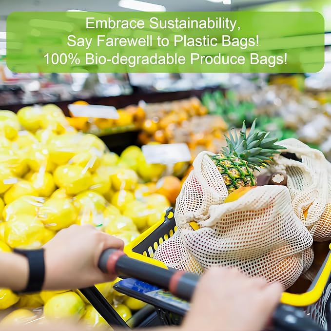 Reusable-Cotton-Mesh-Produce-shopping-Bags-Washable Eco Friendly Premium See Through Lightweight Net zero Bulk Bags for Veggie Fruit Vegetable Grocery Storage (9 Packs)