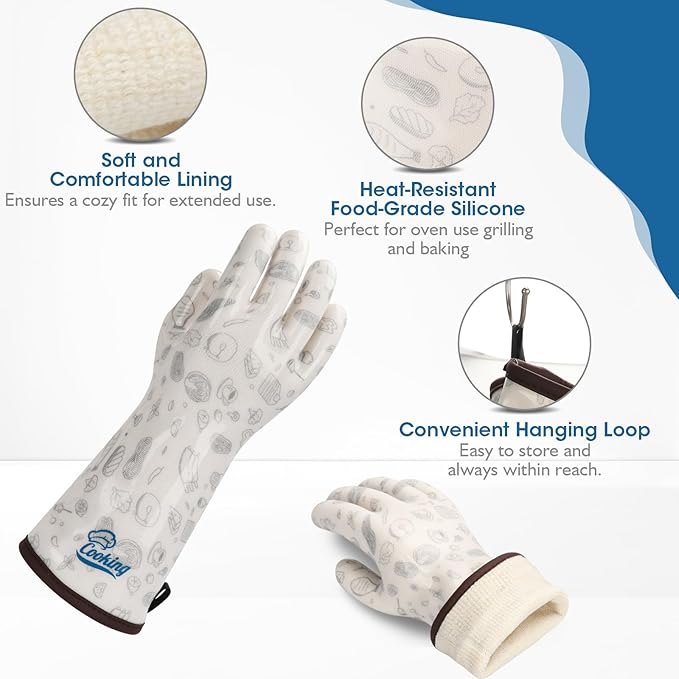 Heat Resistant Gloves Food Grade Oven Mitts Liquid Silicone with Nylon Line Reusable Waterproof for Women Handle Hot Food White Small