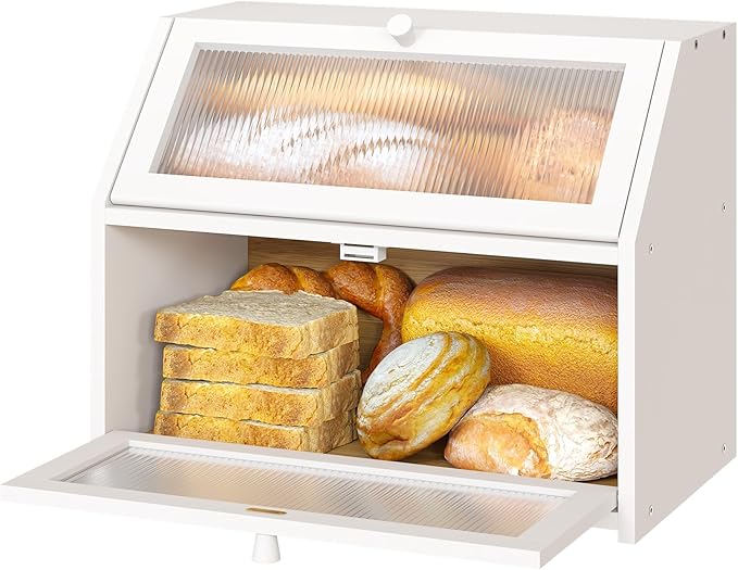 White Bread Box for Kitchen Counter, Large Bamboo Wood Double Layer Bread Box, Wooden Bread Storage Capacity
