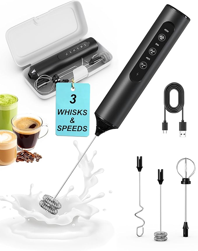 Rechargeable Handheld Milk Frother with Box, 3-Speed Coffee Frother Handheld with 3 Whisks, Dual Coil Whisk Electric Frother Wand for Coffee Latte Cappuccino Matcha and Egg, Kitchen Gift Set