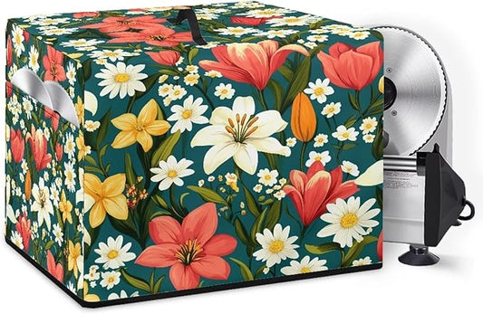 Red White Lily Flower Print Meat Slicer Cover, Food Slicer Cover,With Organizer Side Pocket for Accessories, Such as Stainless Steel Blade, Brush,etc Waterproof Fabric, Easy to Clean