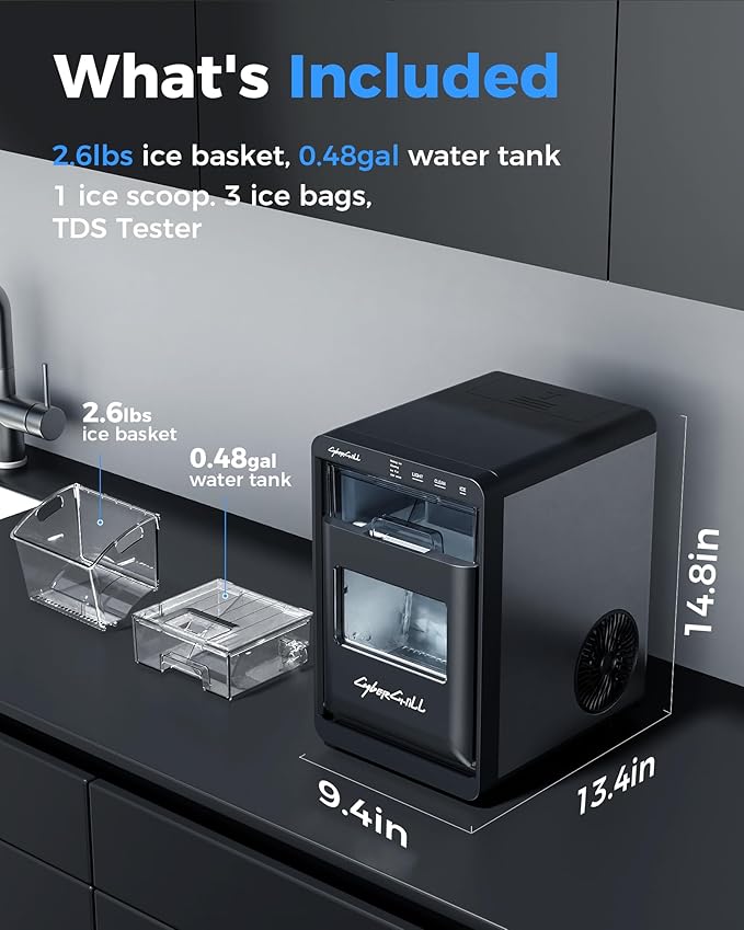 CyberChill Nugget Ice Maker Countertop 44lbs Per Day Pebble Sonic Ice Makers Machine Chewable Pellet Ice with Self-Cleaning Removable Water Tank See Through Window for Home/Kitchen/Office