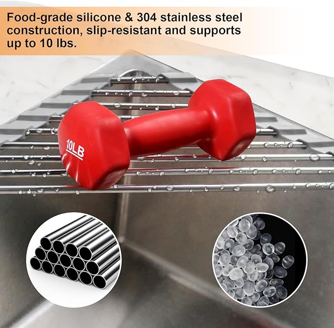 Corner Sink Caddy Triangle Dish Drying Rack for Sink Corner, Sponge Holder Roll Up Dish Drying Rack Over The Sink, Stainless Steel Kitchen Sink Organizer Drainer Mat Sponge Caddy for Counter Storage