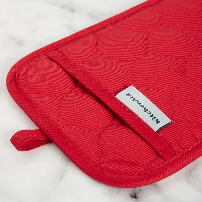 KITCHENAID Quilted Cotton Terry Cloth Oven Mitt, Pot Holder, Kitchen Towel 4-Pack Set, Heat Resistant, Silicone Grip, Gift Set, Passion Red, 16"x26", 7"x13" & 7"x10"