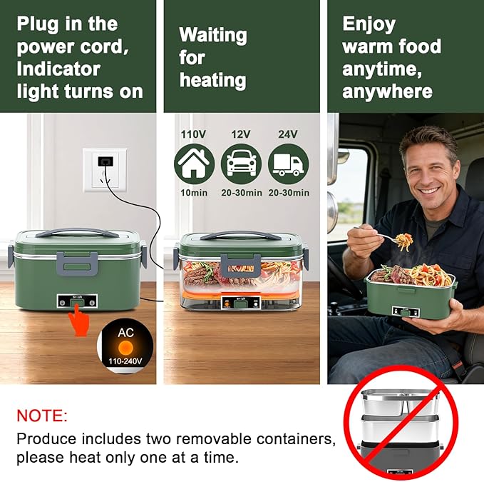 IFENROL Electric Heated Lunch Box for Adults, 100W 3-IN-1 2 Pack 1.8L Containers Heating Lunch Box for Men Portable Double Layer, Fast Heated Food Warmer,12V/24V/110V for Car Truck Office Home