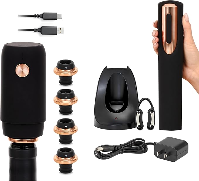 Rechargeable Electric Wine Opener and Electric Wine Preserver with Stoppers Gift Bundle Set (Black & Rose Gold)