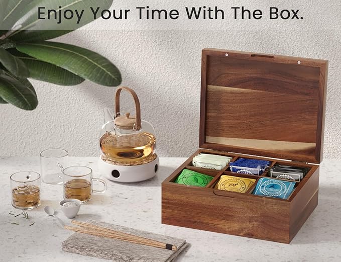 Acacia Wood Tea Bag Organizers, Tea and Sugar Packet Storage Chest with Lid, Wooden Teabag Holder Containers,Storage Box Teabox with 6 Compartments