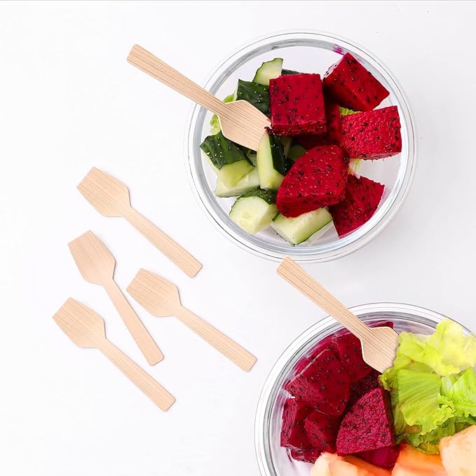 Mini Bamboo Utensils | 200PK Mini-Bamboo Spoons 3.54" Rectangular Disposable Small/Tiny Spoon for Jelly/Pudding/Yogurt/Desert/Cake/Tasting Natural 100% Compostable Biodegradable Renewable