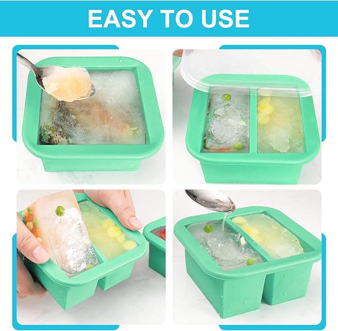 Silicone Freezer Tray with Lid 4 Pack Silicone Freezer Molds Ice Cube Tray Makes 8 Perfect 1 Cup Portions Soup Cubes Meal Prep Containers- Oven & Dishwasher Safe