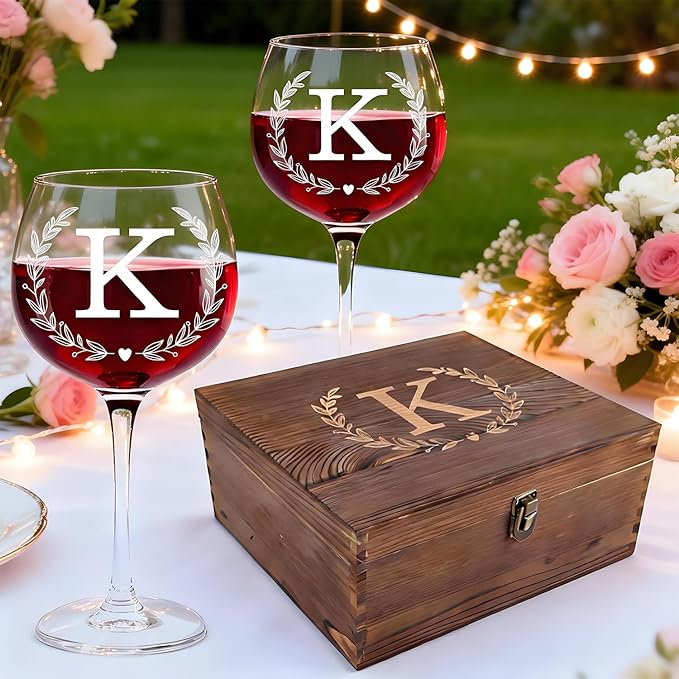 GZLDGIFTS Personalized Initial Wine Glasses Box Gift Set For Women Mom Engraved Birthday Monogrammed Wooden Christmas Gifts Wedding Anniversary Wine Couples Stopper Opener Initial Letterr (K Set)