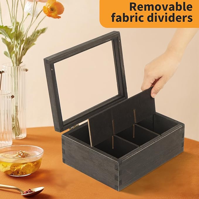 LI.TOPWP Black Wood Tea Bag Organizer, 6 Compartment Multi-Functional Tea Box and Storage Organizer,Tea Storage Chest with Acrylic Lid